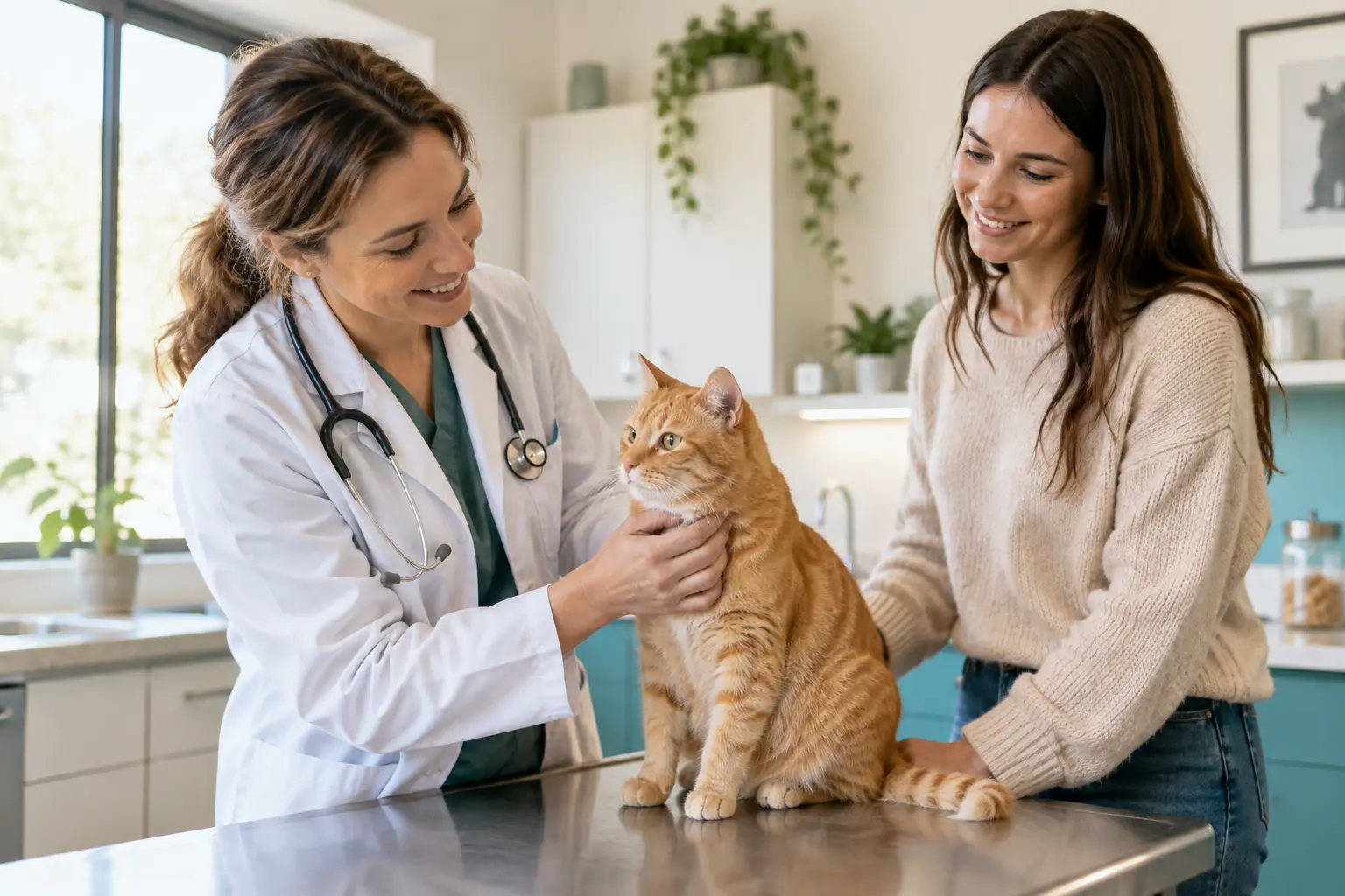 Veterinarian gently examining an orange tabby cat while the cat's owner looks on