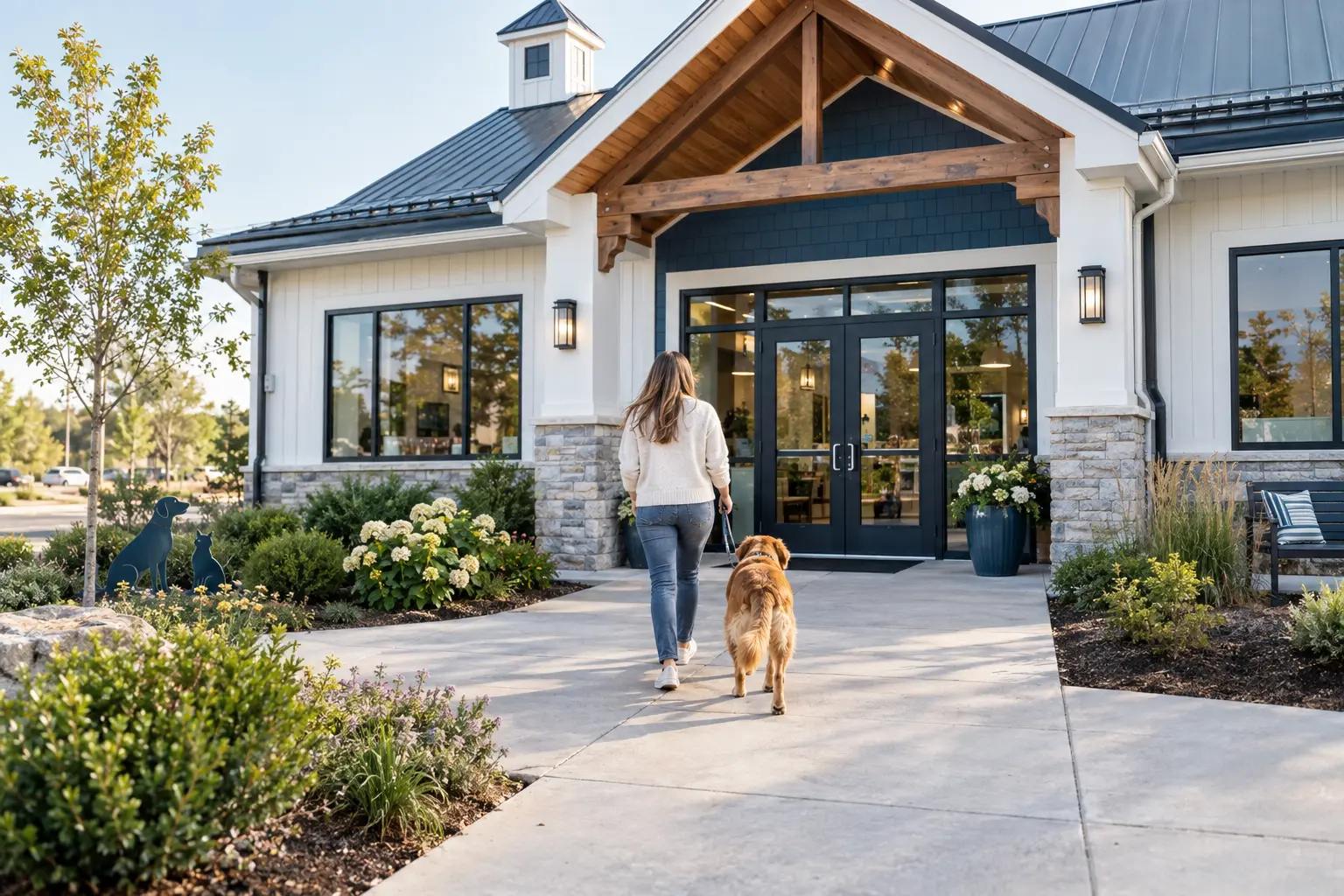 Pet owner walking a dog toward Harborlight Veterinary Care's welcoming entrance